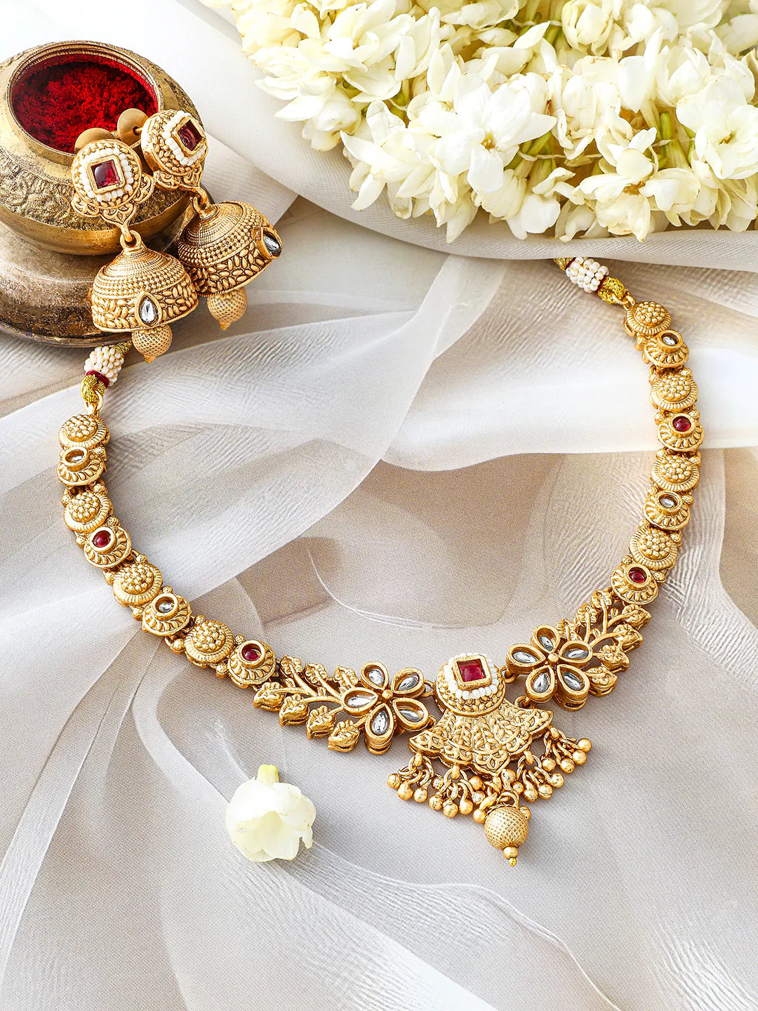 Elegant Red Gold Plated Short Necklace Set