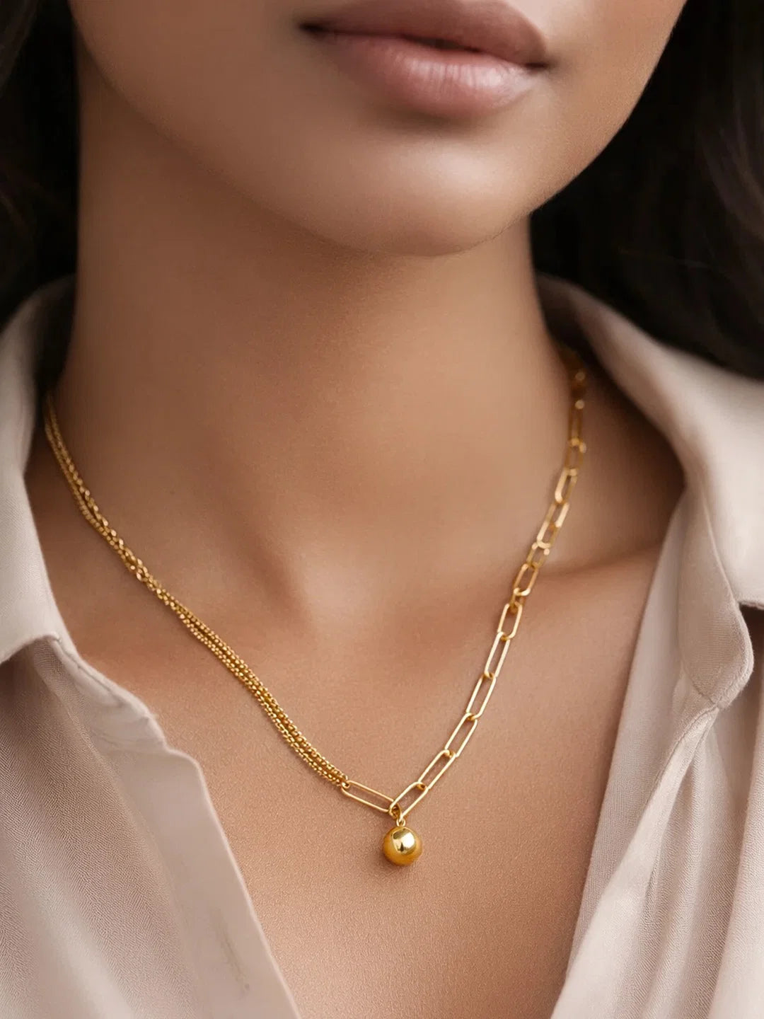 Demi Fine 18K Gold Plated Stainless steel Paperclip Chain Ball Pendant Necklace