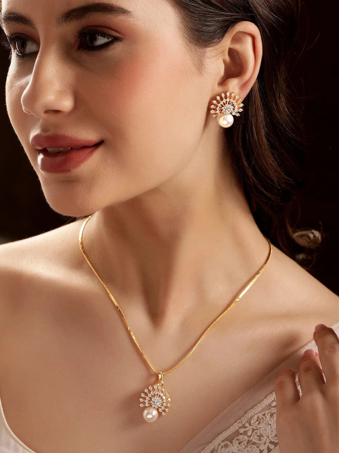 Pearl Drop American Diamond Zirconia Necklace Set